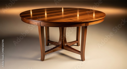 A high-end round wooden table made of rich walnut wood with a polished glossy finish.
