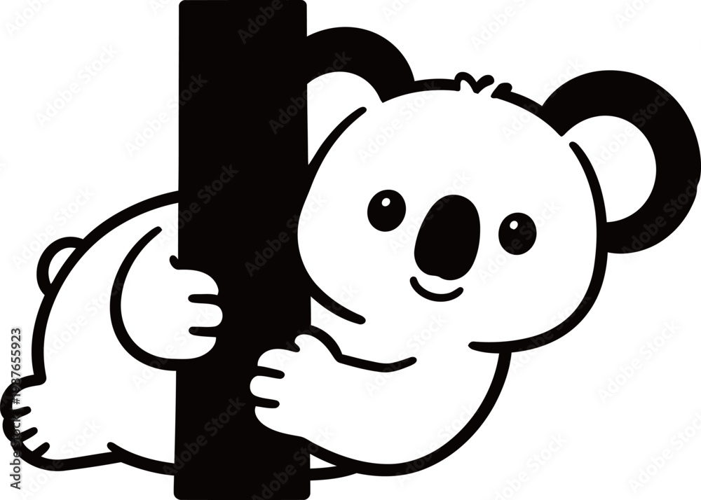 Fototapeta premium A cartoon koala clinging to a tree trunk in a simple black and white illustration