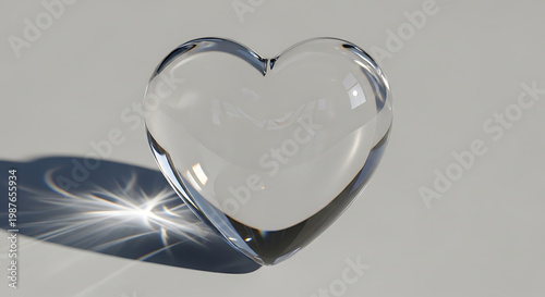 A transparent glass heart with a glossy surface and realistic refraction.