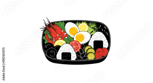 Japanese Bento Box Illustration with Onigiri Shrimp and Eggs