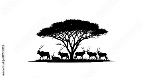 Silhouette of African Oryx Herd under Acacia Tree Vector