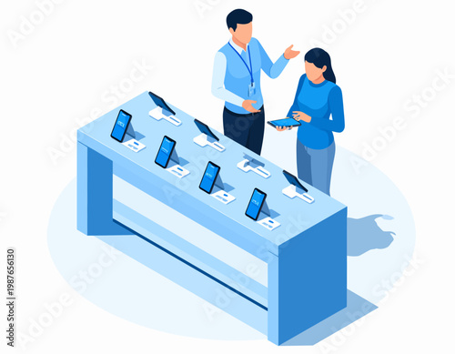 Man and Woman Examining Mobile Phones on Display.