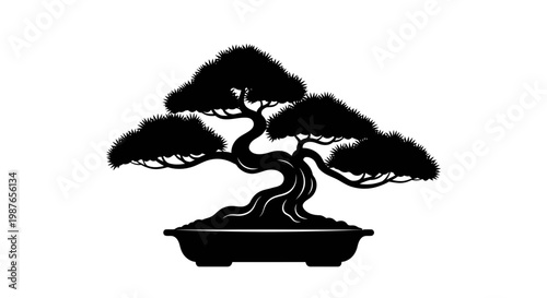 Black Silhouette of Japanese Bonsai Tree Vector Illustration