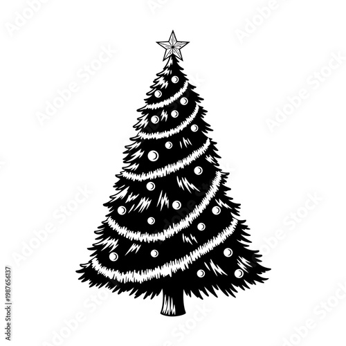Black and White Christmas Tree Illustration with Star and Ornaments