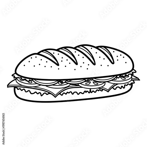 Submarine Sandwich Vector Line Art Illustration for Coloring