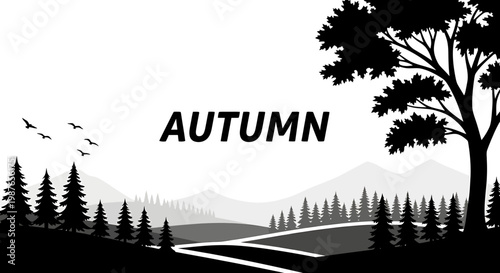 Black and white autumn landscape vector illustration with mountains