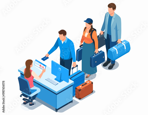 Airport Check-in Staff and Travelers Illustration.