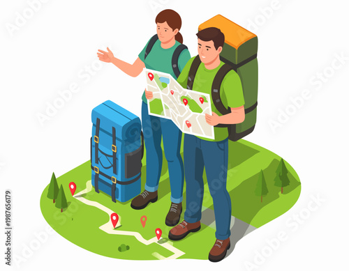 Two Travelers with Backpacks and Map.