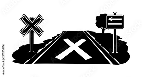 Road Crossing with Railway and Directional Signs Vector Illustration