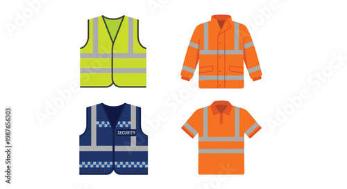 Four colorful safety vests displayed on a white background