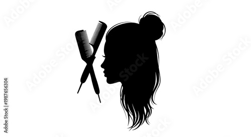 Hair Salon Logo with Woman Profile Silhouette and Crossed Combs