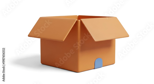 A stylized 3D cartoon cardboard box with simplified shapes, smooth edges, and slightly exaggerated proportions.