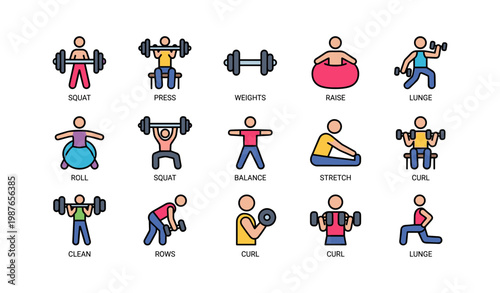 Illustrated workout icons with diverse exercise poses and fitness equipment