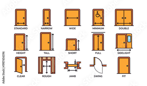 Various door types and measurements icons: standard, narrow, wide