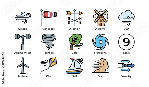 Weather symbols collection: breeze, windmill, tornado, boat, kite