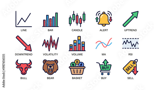 Colorful financial market icons: charts, alerts, bull and bear, trading signals