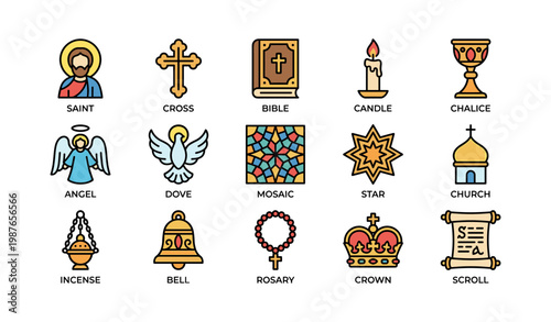 Collection of christian symbols including cross, bible, and angel icons