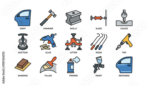 Car body repair tools and equipment collection for auto maintenance and restoration