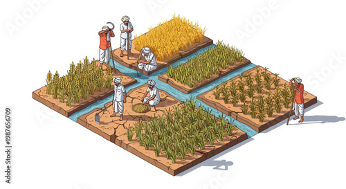 Isometric illustration of Indian farmers working in separate plots of land with different crops, showcasing irrigation channels during a hot summer season in India, rendered with a bright