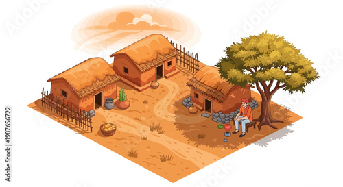 Isometric illustration showing a traditional Indian village scene during the hot summer season, featuring mud houses with thatched roofs and a person resting under a tree, with warm, earthy