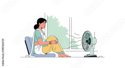 A woman in traditional Indian clothing sits on the floor near a fan, seeking relief from the summer heat, with a minimalist style and a focus on the bright, sunny weather outside the window