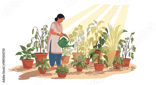 During the hot summer season in India, a woman in traditional clothing tends to her potted plants with a watering can in a sunny outdoor garden, showcasing the Indian climate and seasonal