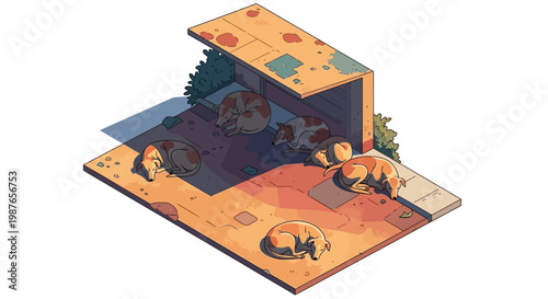 Isometric illustration depicting several dogs seeking shade under a makeshift shelter during the hot weather in India, conveying the intense Indian summer heat with a minimalist style