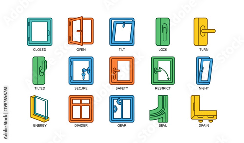Colorful window and door icons illustrating various functions and security features