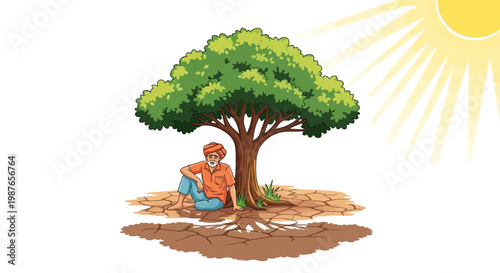 Illustration of a man relaxing under a tree, seeking shade from the hot sun, in an Indian summer landscape with a bright, sunny sky and dry, cracked earth conveying the intense heat