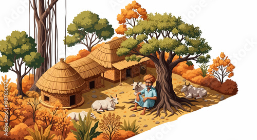 During the Indian summer season, a man sits under a large tree near traditional huts, tending to goats, with a warm, sunny ambiance and a rural composition that highlights the hot climate