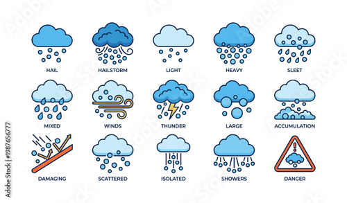 Weather icons for hail, thunder, wind, and rain showers