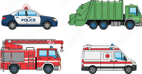 Emergency Vehicles Set with Police Car, Firetruck, Ambulance, and Garbage Truck in Flat DesignEmergency Vehicles Set with Police Car, Firetruck, Ambulance, and Garbage Truck in Flat