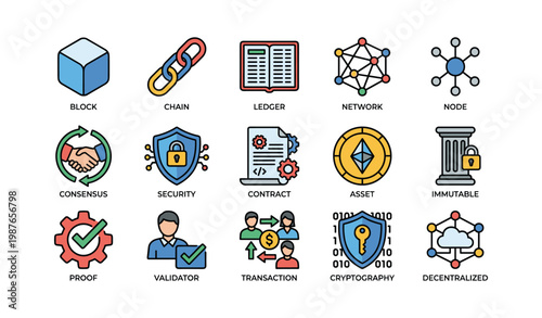 Blockchain technology icons: network, security, smart contract, decentralized system