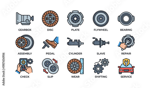 Automotive parts icons: gearbox, pedal, cylinder, service, repair, shift