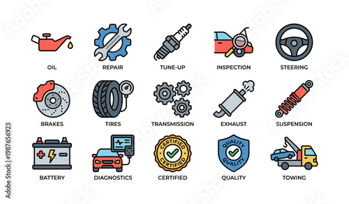 Automotive maintenance icon set showcasing key components and services in vehicle repair