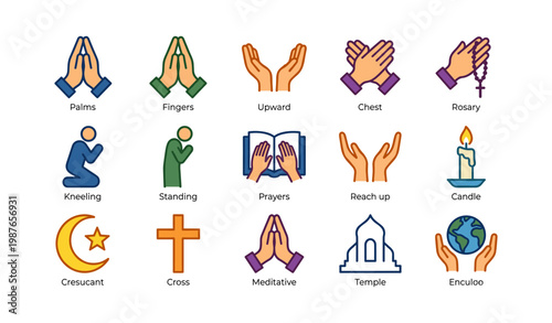 Religious symbols: prayers, hands, kneeling, candle, crescent, cross