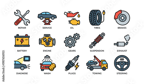 Colorful icons of automotive tools and services for vehicle maintenance