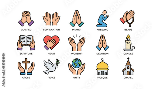 Spiritual symbols of prayer and worship in various religions and cultures