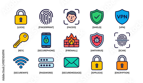 Security icons: lock, fingerprint, face id, shield, vpn, key, secure phone, firewall, antivirus, scan