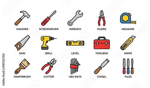 Colorful tools set featuring hand tools like wrench, hammer, screwdriver, and pliers