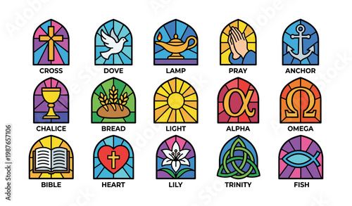 Colorful stained glass symbols: cross, dove, lamp, pray, anchor