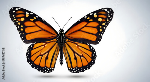 A highly detailed monarch butterfly with vibrant orange wings and bold black veins, white spotted edges along the wing borders, wings partially open in a natural resting position.