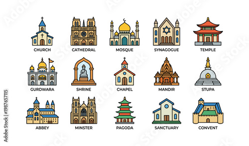 Collection of religious buildings: church, mosque, temple, synagogue, and more