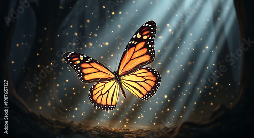 A glowing monarch butterfly with bioluminescent orange wings, black veins illuminated with golden light