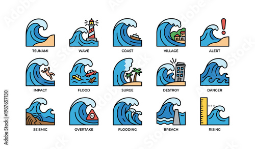 Tsunami wave icons: coastal alert, flood, and surge warning symbols
