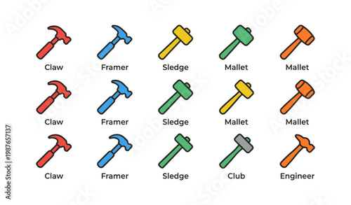 Colorful array of hammers: claw, framer, sledge, mallet, and club tools