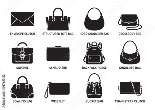 Fashion handbag collection vector illustration featuring various women accessory styles.
