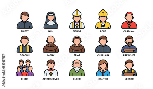 Illustrated religious roles: priest, nun, bishop, cardinal, pope, and more