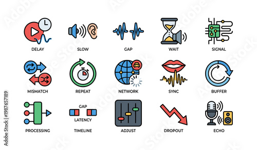Colorful set of audio and network icons representing delay, signal, and synchronization