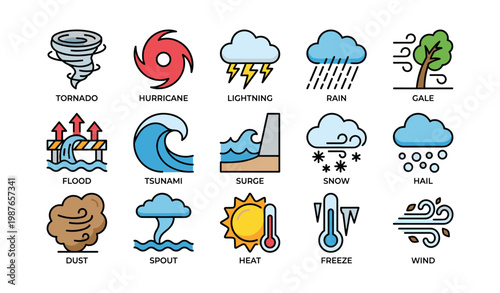 Weather icons set featuring tornado, hurricane, lightning, and more